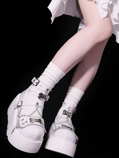 Metal Bones Decorated White Platforms Punk Shoes Studs Chain Design