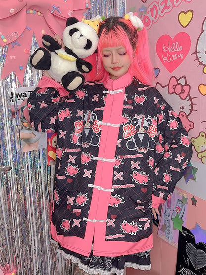 White/Black Panda Print Knot Buttons Banded Collar Jacket