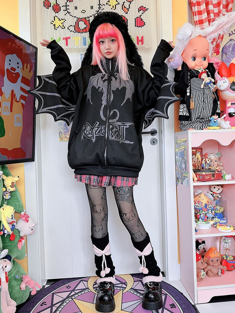 Rhinestones Dragon Decorated Wings Design Hooded Black Jacket