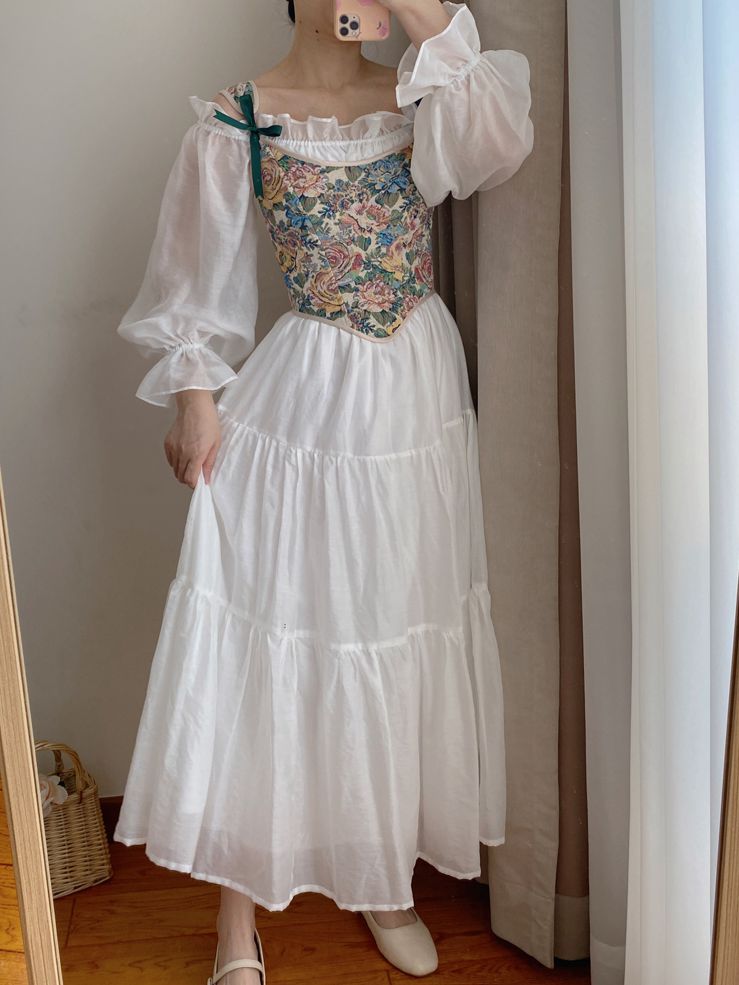 Oil Painting Floral Pattern Corset with Scoop Neckline