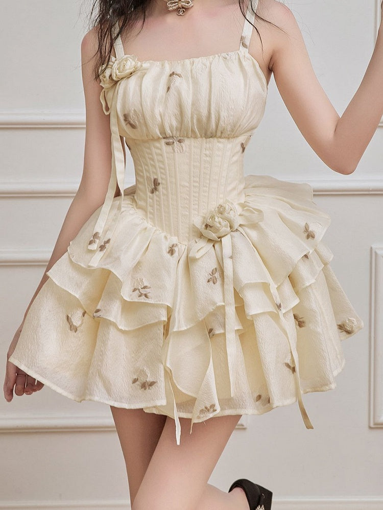 Light Yellow Floral Pattern Boned Bodice Jumper Skirt with Rosette Brooches Short Version