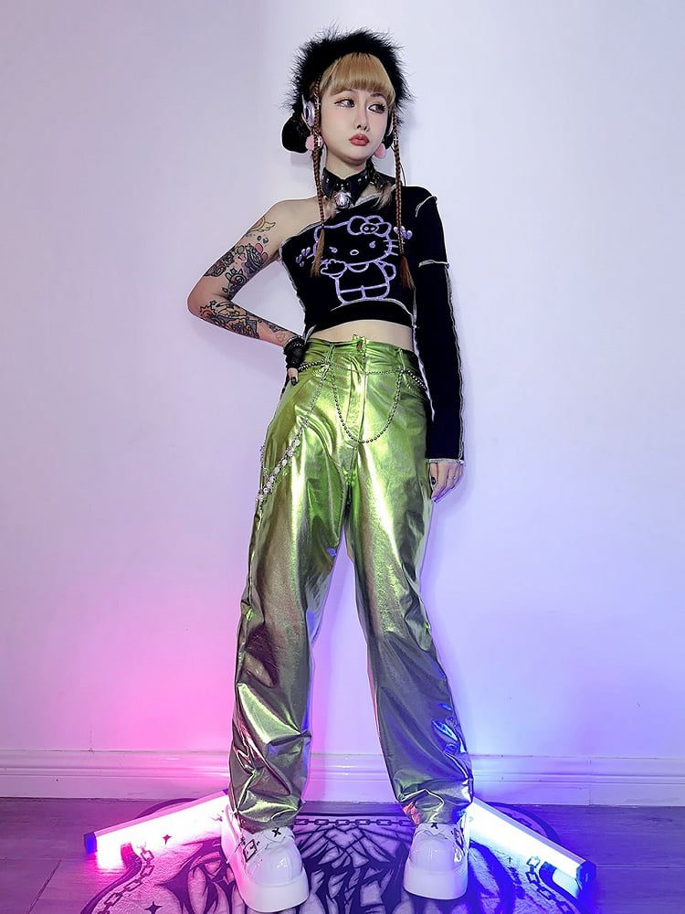 Futuristic Cyberpunk Y3K Metallic Silver/Rose Red/Blue/Green PU Pants