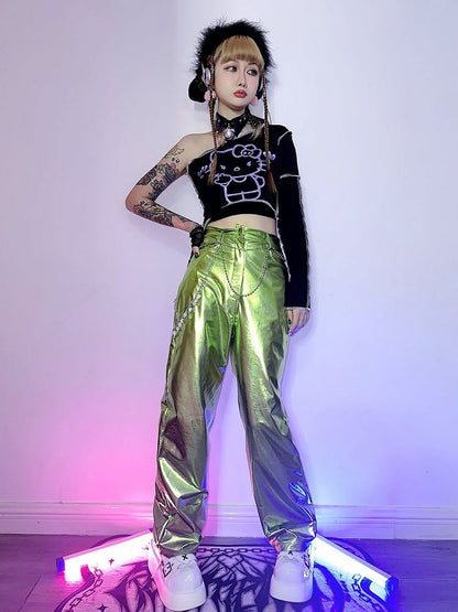 Futuristic Cyberpunk Y3K Metallic Silver/Rose Red/Blue/Green PU Pants