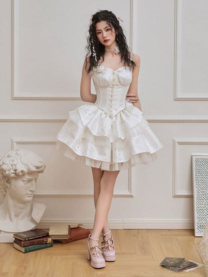 White Jacquard Tiered Skirt with Rosettes Brooch