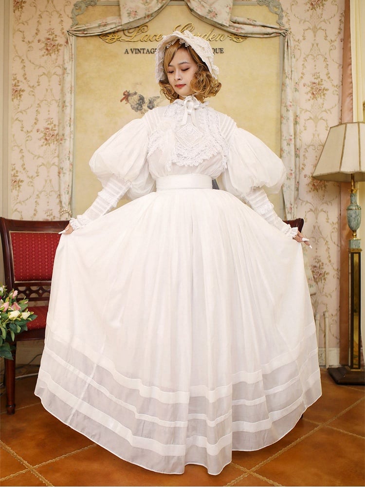 White Leg-of-Mutton Sleeves Vintage Lace Blouse and White Skirt Long Version Set