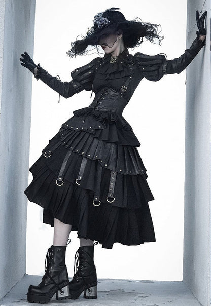 Black Gothic Lolita Under Bust Corset High Waist Layered Pleated Skirt with Shoulder Straps