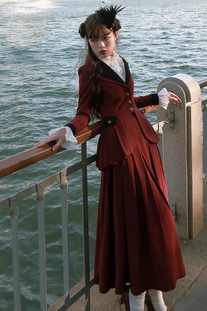 Plus Size Friendly-Wine Red Pleating Details Blazer + Skirt Vintage Set