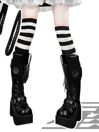 Clearance-Size 37 Bad Bunny Lace Trim Bunny Ears Design Black PU Gothic Lolita Platforms Boots