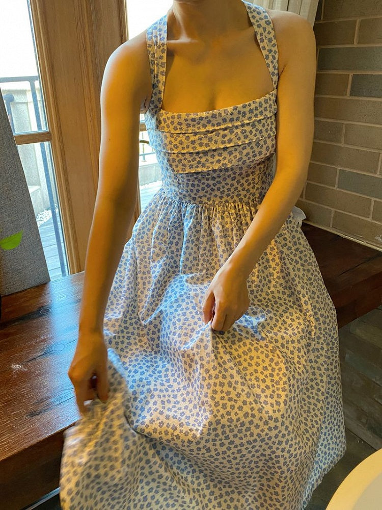 Blue Halter Neck Vintage Dress with Floral Print