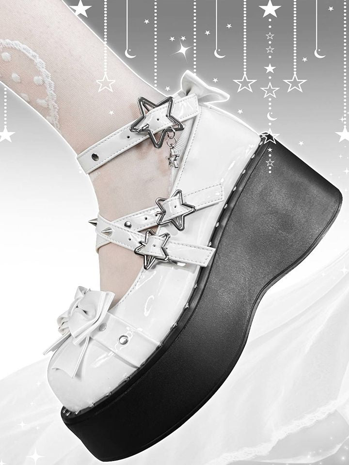 Star Buckles Polished White Platforms Silver-tone Studs Bow at Top