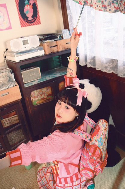 Magic Restaurant Floral and Cartoon Elephant Print PU Red Plaid Backpack