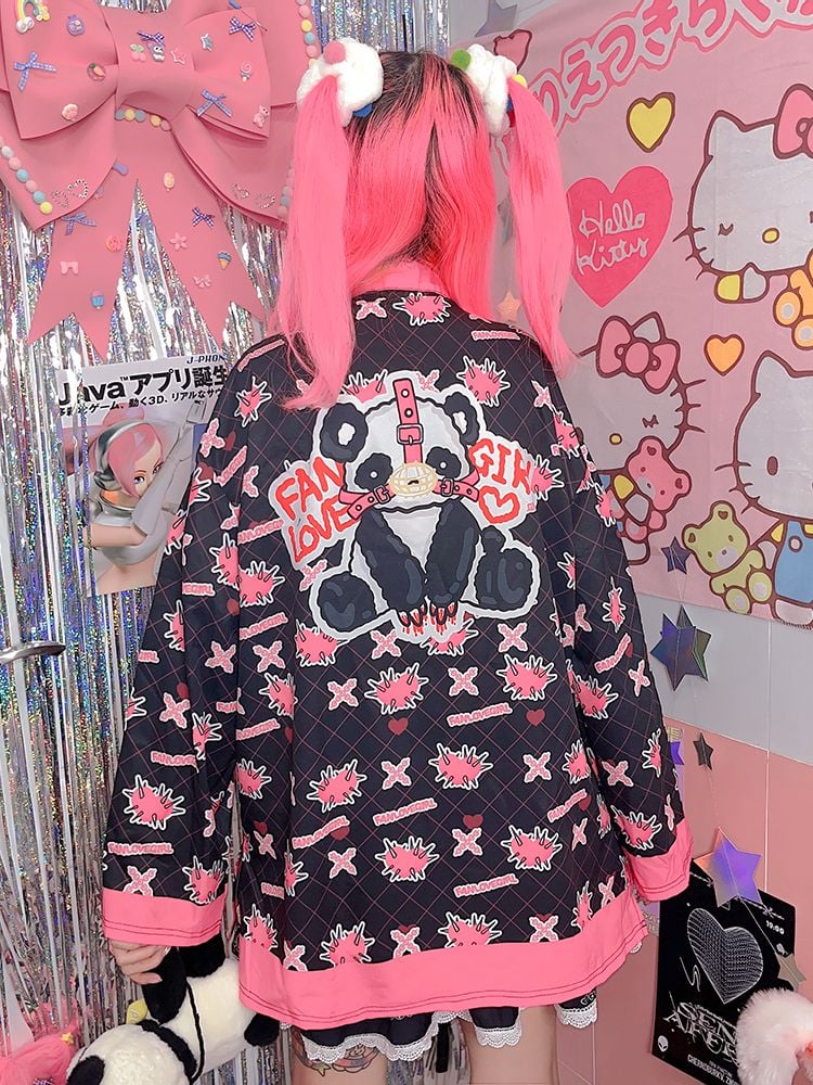 White/Black Panda Print Knot Buttons Banded Collar Jacket