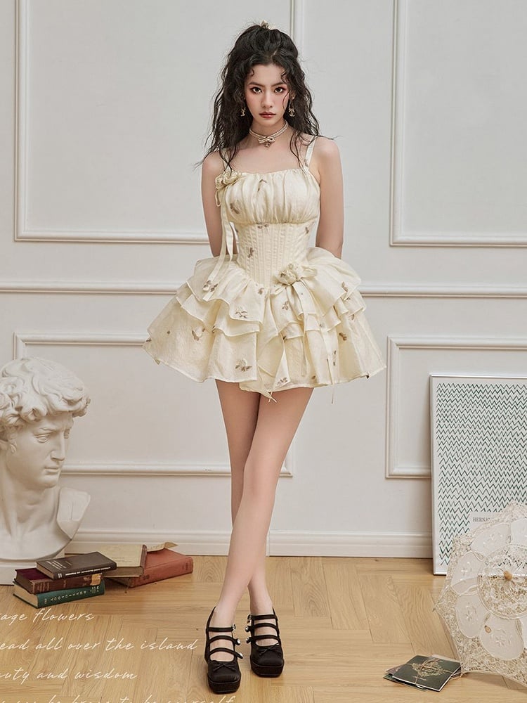 Light Yellow Floral Pattern Boned Bodice Jumper Skirt with Rosette Brooches Short Version