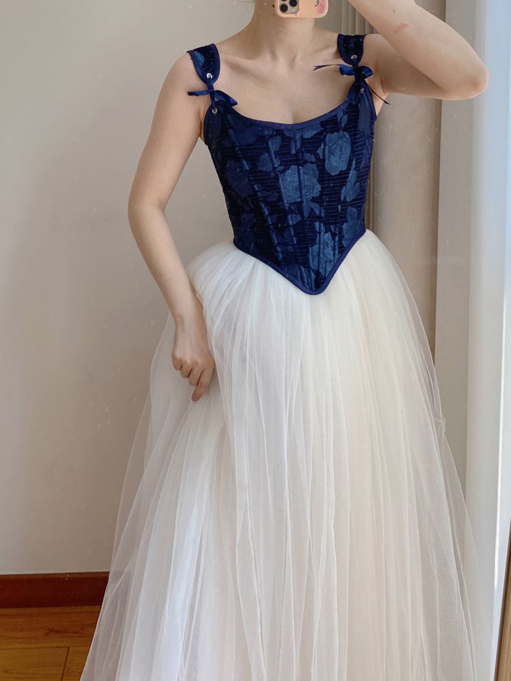 Dark Blue Scoop Neckline Corset with Floral Pattern