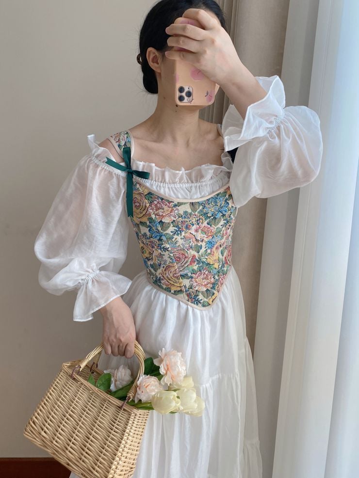 White Off-the-shoulder Neckline Vintage Dress with Flounce Hem