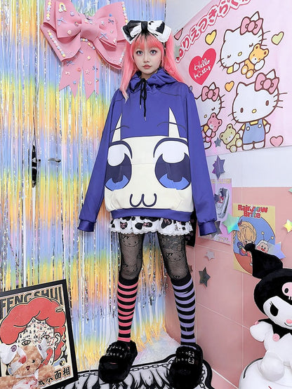 Blue/Yellow Big Eyes Cartoon Print Hoodie