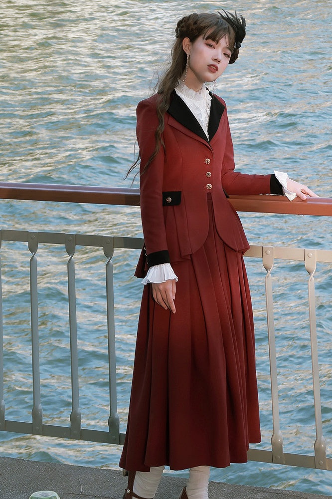 Plus Size Friendly-Wine Red Pleating Details Blazer + Skirt Vintage Set