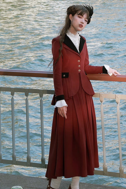 Plus Size Friendly-Wine Red Pleating Details Blazer + Skirt Vintage Set