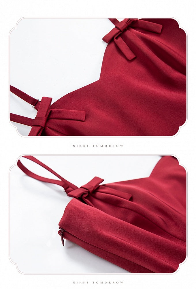 Red Elegant Slim Fit Waist Spaghetti Straps Dress