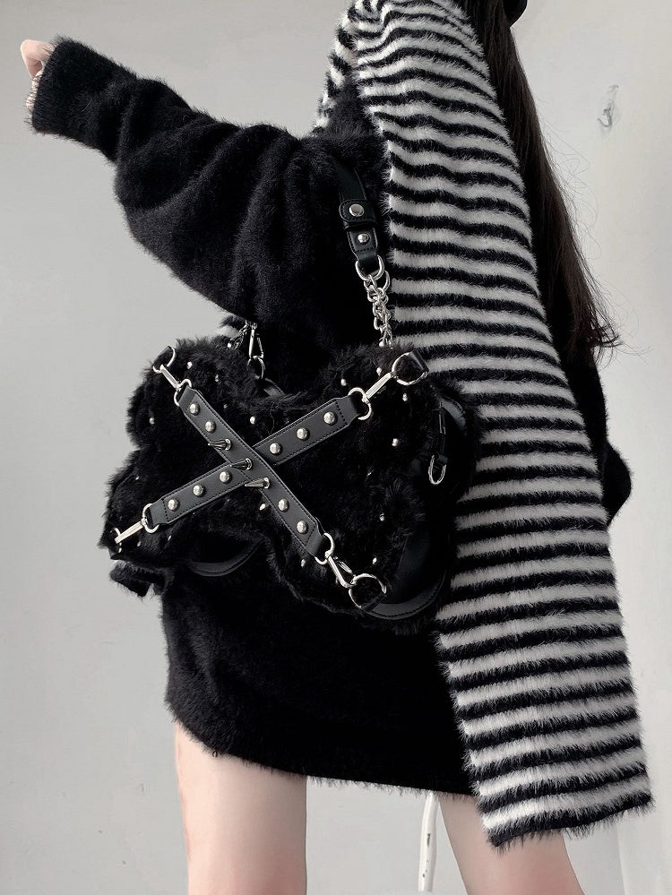 Studs Decorated Black Plush Bone-shaped Bag