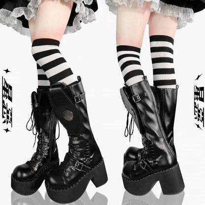 Clearance-Size 37 Bad Bunny Lace Trim Bunny Ears Design Black PU Gothic Lolita Platforms Boots