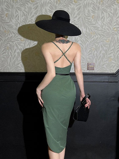 Cowl Neckline Side Thigh-high Slit Green Vintage Slip Dress