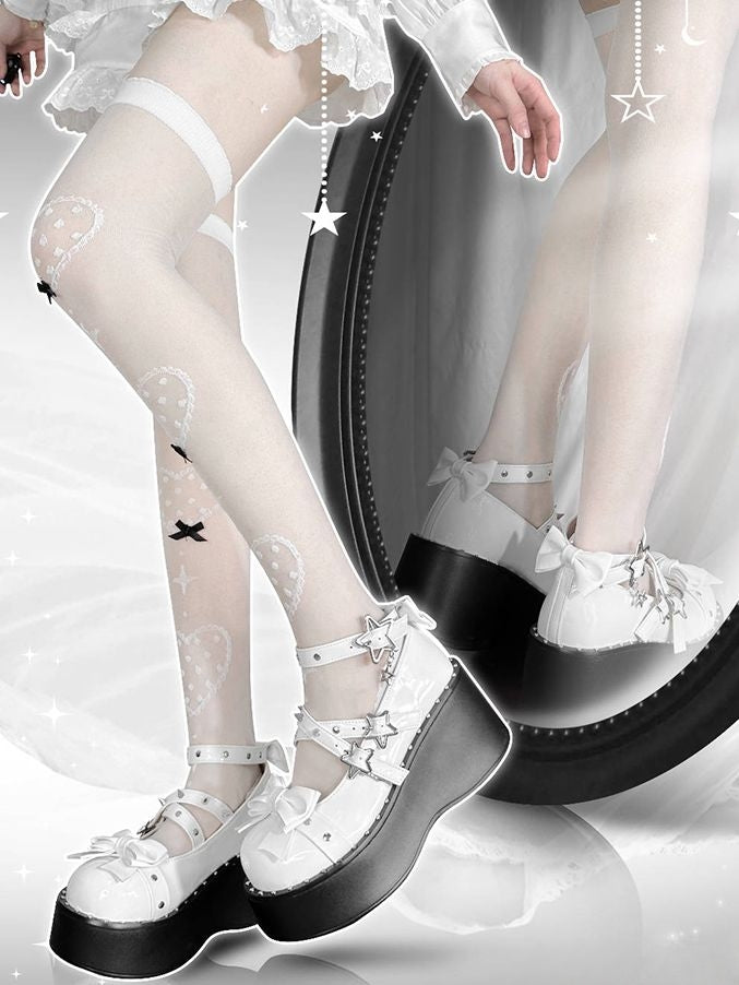 Star Buckles Polished White Platforms Silver-tone Studs Bow at Top