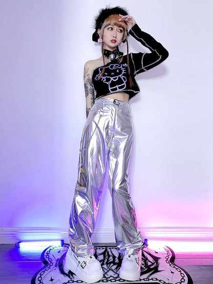 Futuristic Cyberpunk Y3K Metallic Silver/Rose Red/Blue/Green PU Pants