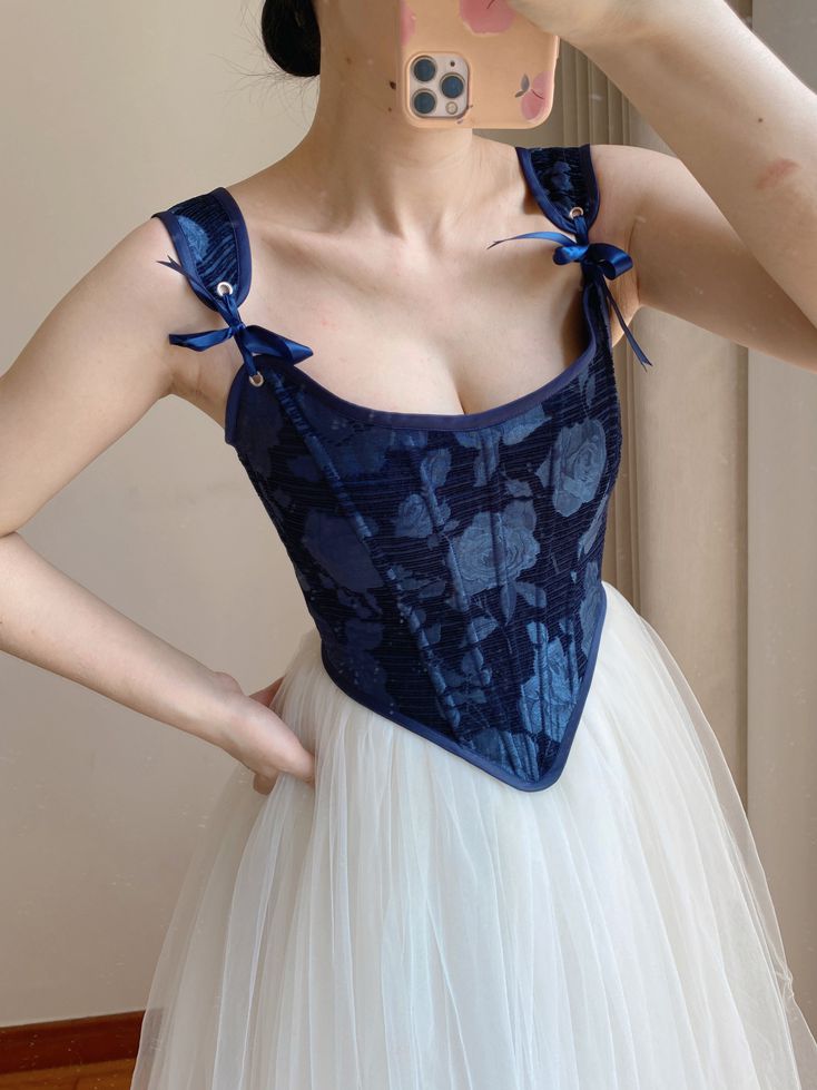 Dark Blue Scoop Neckline Corset with Floral Pattern