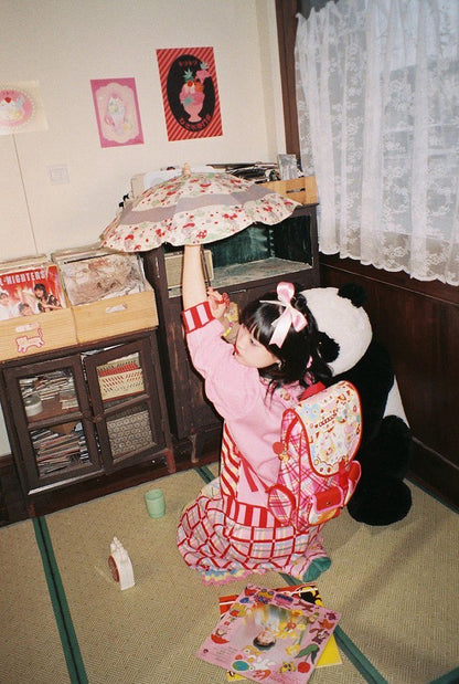 Magic Restaurant Floral and Cartoon Elephant Print PU Red Plaid Backpack