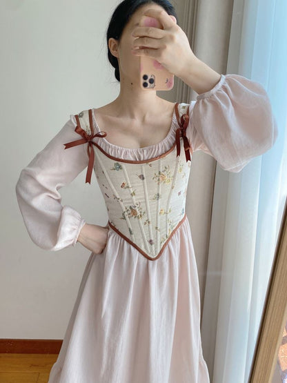 Beige Scoop Neckline Corset with Floral Pattern