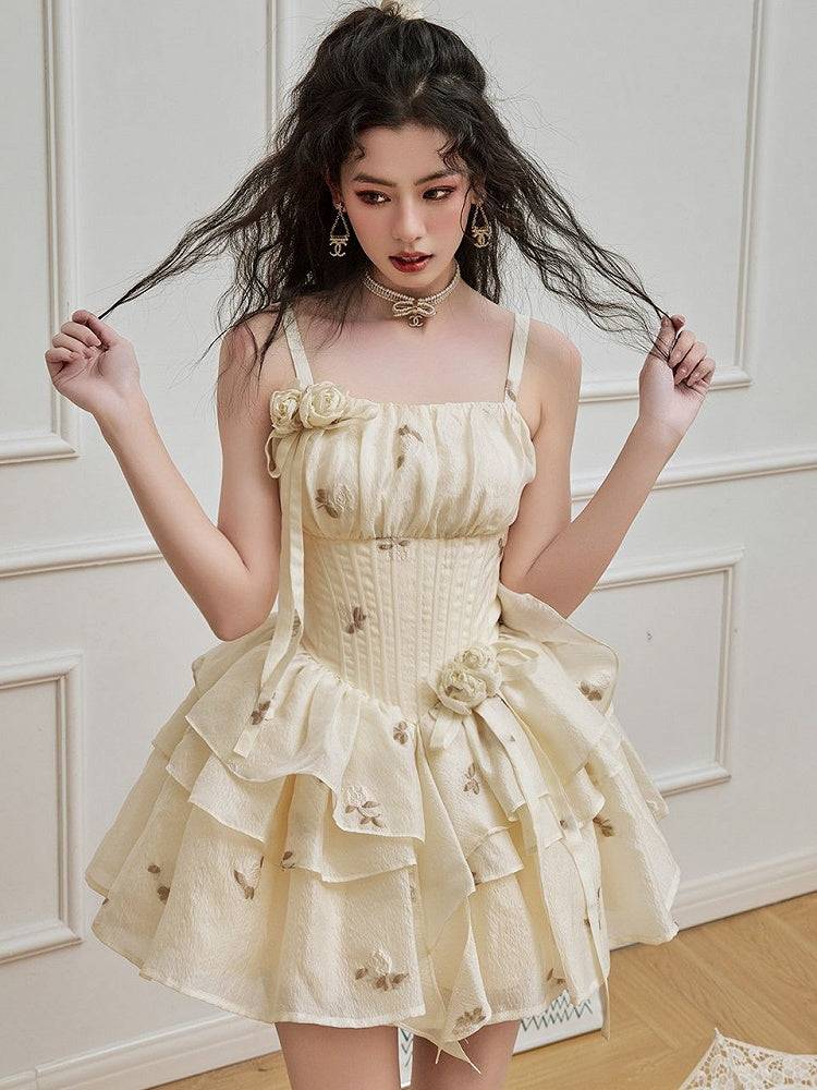 Light Yellow Floral Pattern Boned Bodice Jumper Skirt with Rosette Brooches Short Version