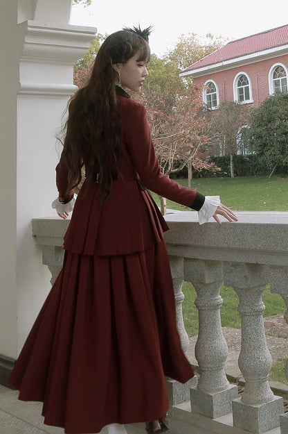 Plus Size Friendly-Wine Red Pleating Details Blazer + Skirt Vintage Set