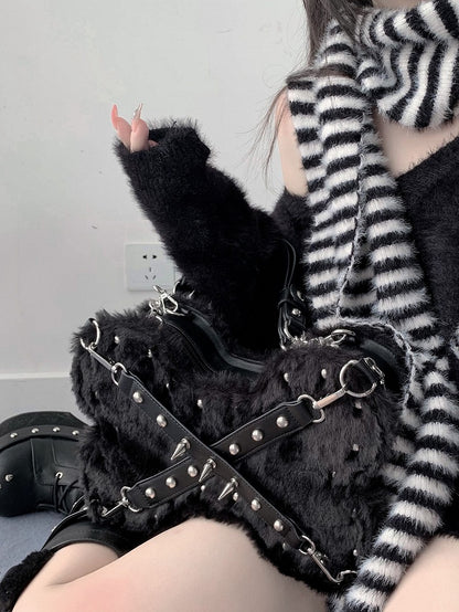 Studs Decorated Black Plush Bone-shaped Bag