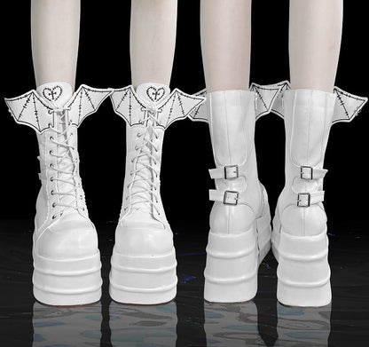 White Goth Platform Boots White Bat Wings Design Lace-up Tie