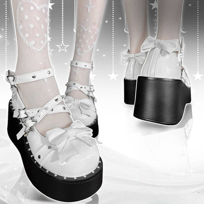 Star Buckles Polished White Platforms Silver-tone Studs Bow at Top
