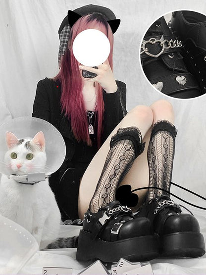 Devil's Trap Lace-up Closure Silver-tone Studs Decorated PU Matte Black Flatforms