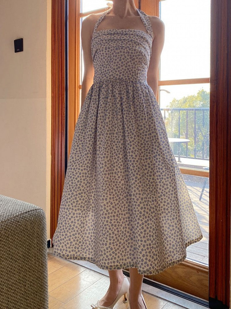 Blue Halter Neck Vintage Dress with Floral Print