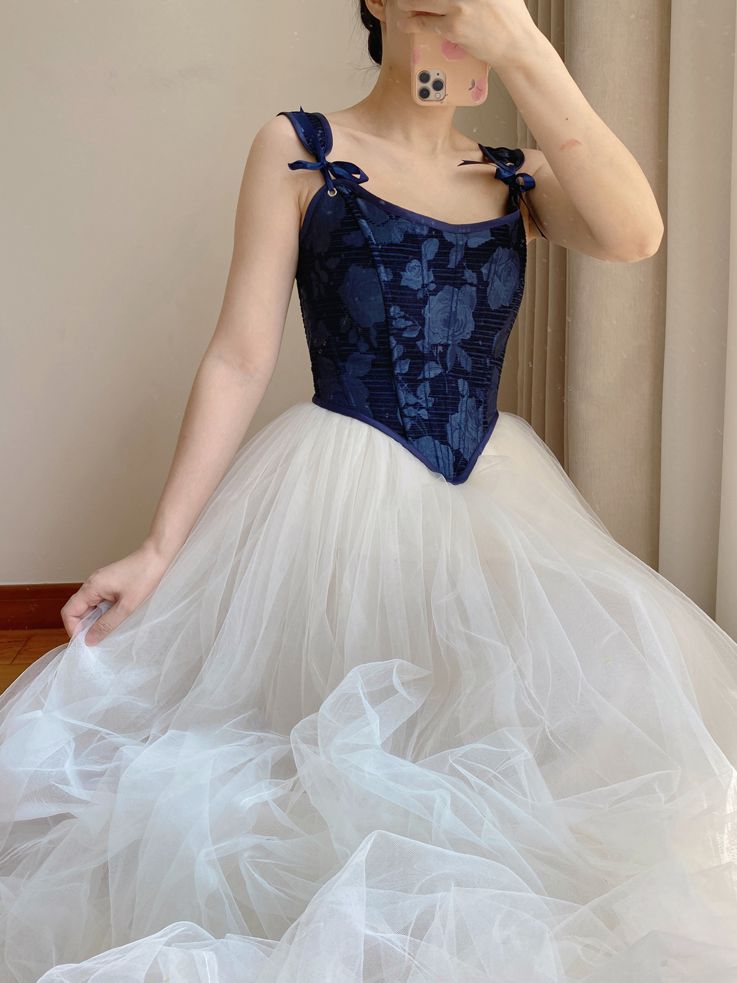 Dark Blue Scoop Neckline Corset with Floral Pattern