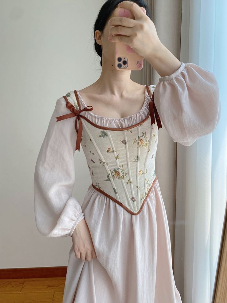 Beige Scoop Neckline Corset with Floral Pattern