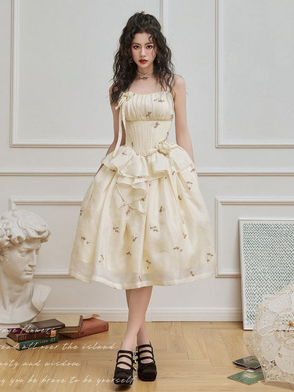 Light Yellow Floral Pattern Boned Bodice Jumper Skirt with Rosette Brooches Long Version