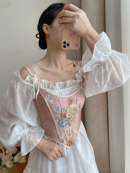 White Off-the-shoulder Neckline Vintage Dress with Flounce Hem