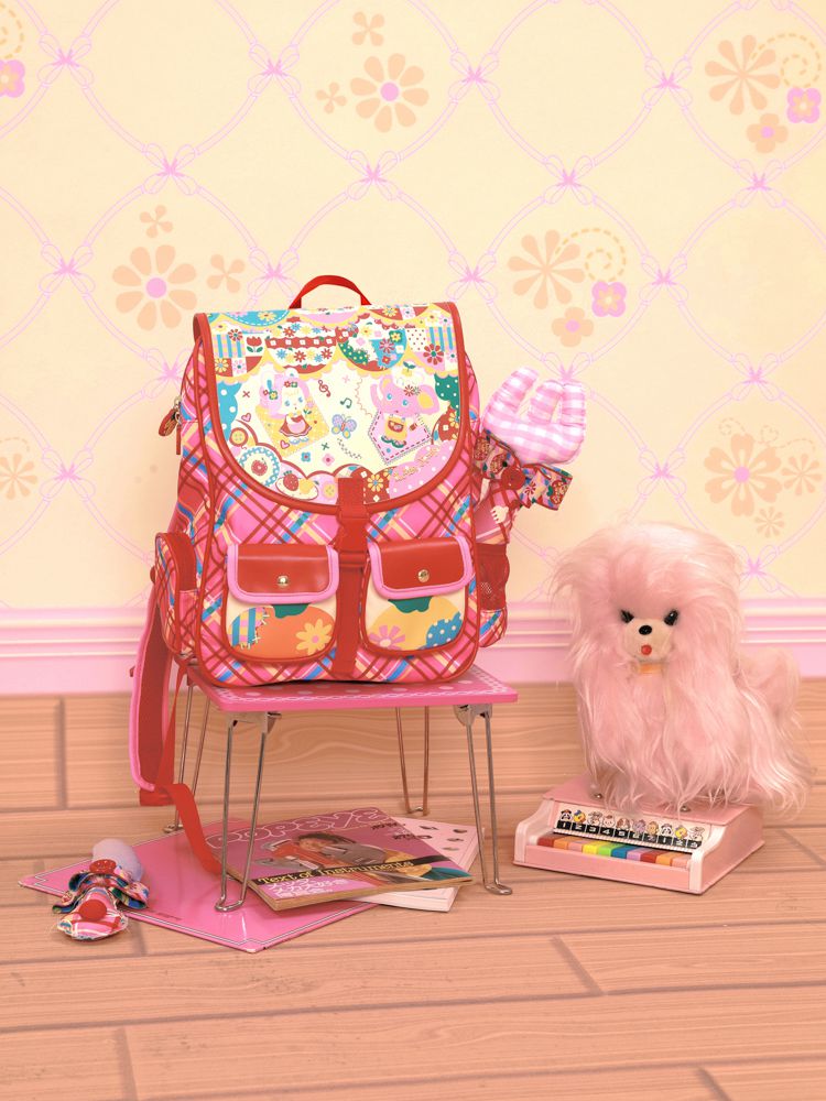 Magic Restaurant Floral and Cartoon Elephant Print PU Red Plaid Backpack