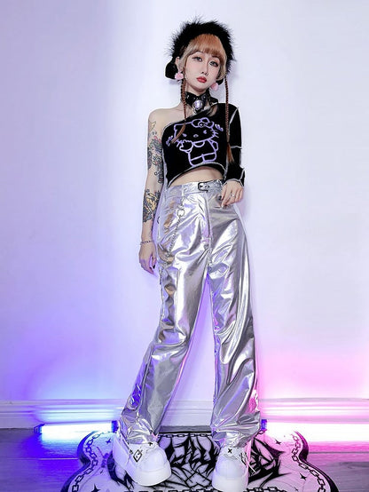 Futuristic Cyberpunk Y3K Metallic Silver/Rose Red/Blue/Green PU Pants