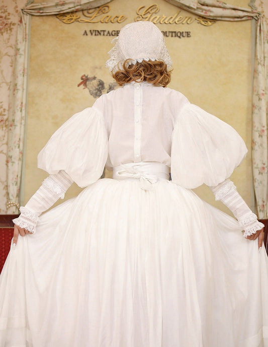 White High Neck Leg-of-Mutton Sleeves Vintage Lace Blouse