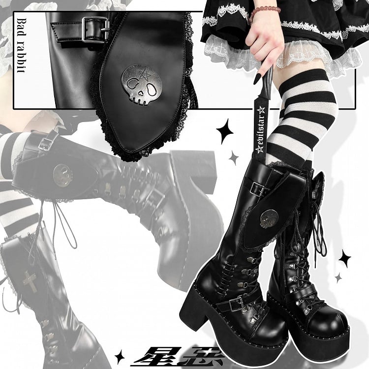 Clearance-Size 37 Bad Bunny Lace Trim Bunny Ears Design Black PU Gothic Lolita Platforms Boots