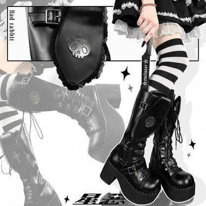 Clearance-Size 37 Bad Bunny Lace Trim Bunny Ears Design Black PU Gothic Lolita Platforms Boots