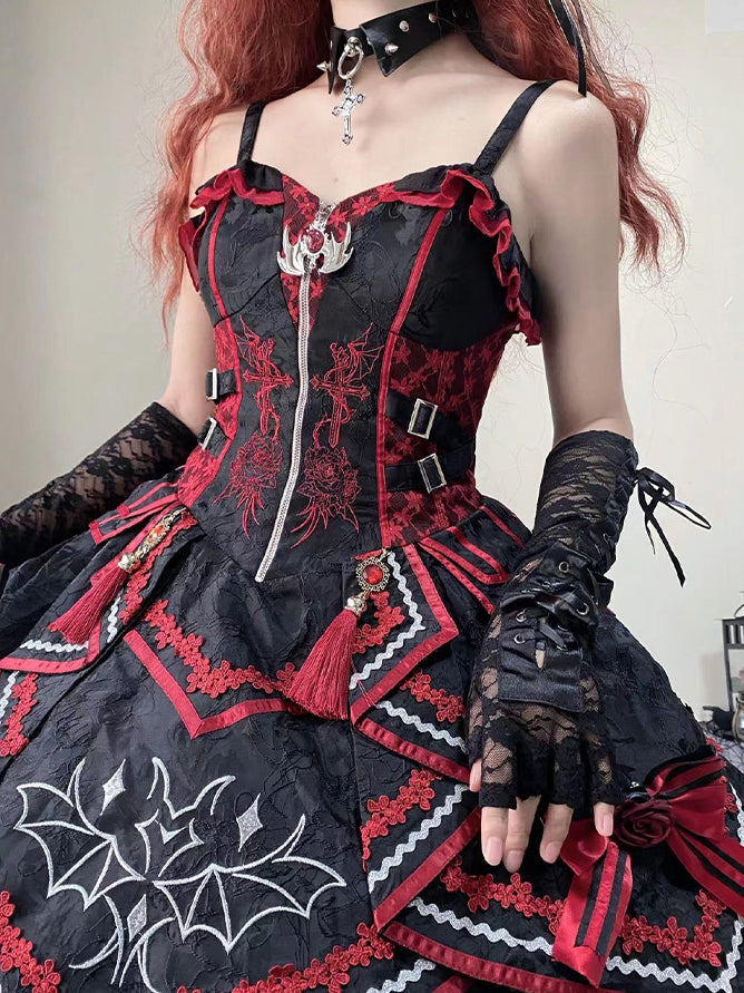 Black and Red Bat and Cross Embroidery Gothic Lolita JSK Zip Front and Buckle Side
