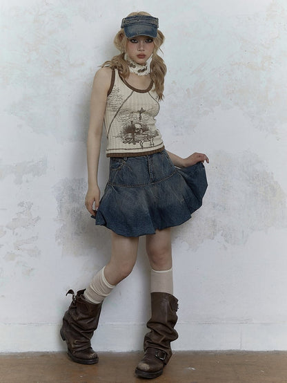 Punk Skull Print Light Brown Knitted Tank Top