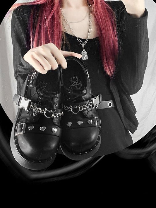 Devil's Trap Lace-up Closure Silver-tone Studs Decorated PU Matte Black Flatforms